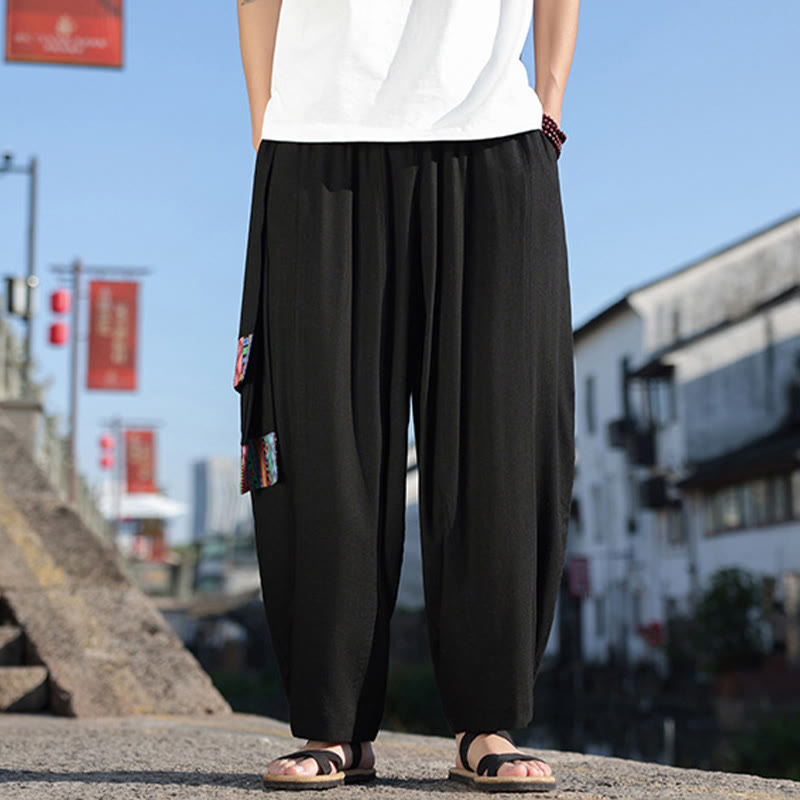 Buddha Stones Schlichtes Patchwork-Design, Kordelzug, weiche Baumwolle, Herrenhose mit weitem Bein und Taschen