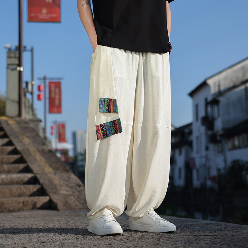 Buddha Stones Schlichtes Patchwork-Design, Kordelzug, weiche Baumwolle, Herrenhose mit weitem Bein und Taschen