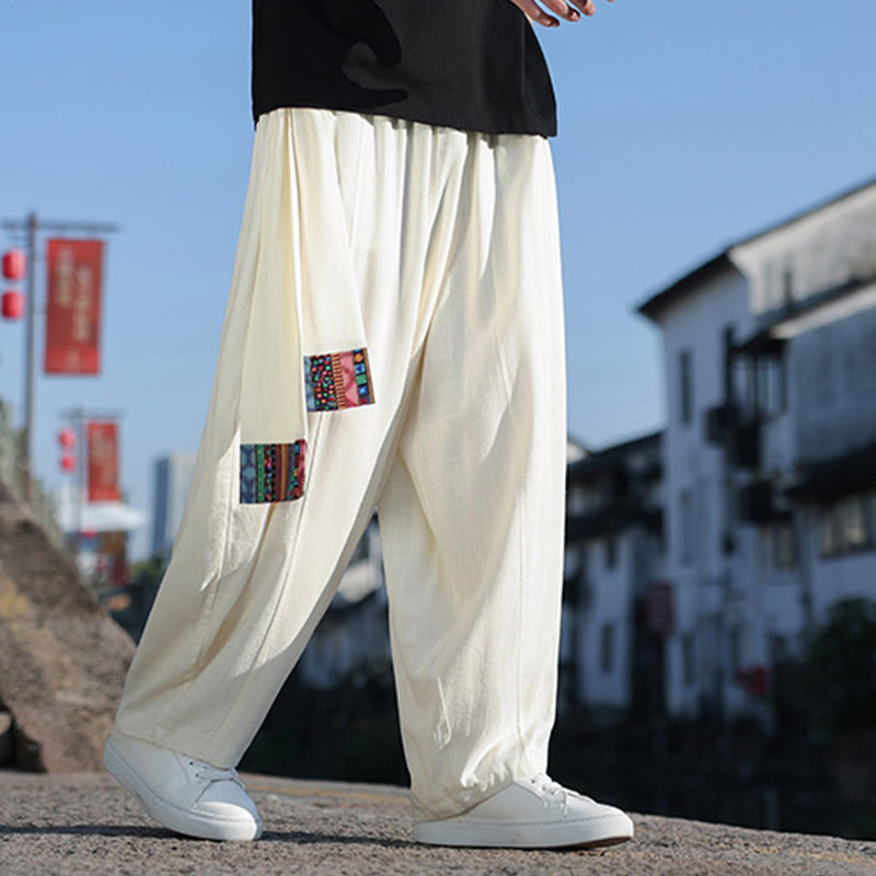 Buddha Stones Schlichtes Patchwork-Design, Kordelzug, weiche Baumwolle, Herrenhose mit weitem Bein und Taschen