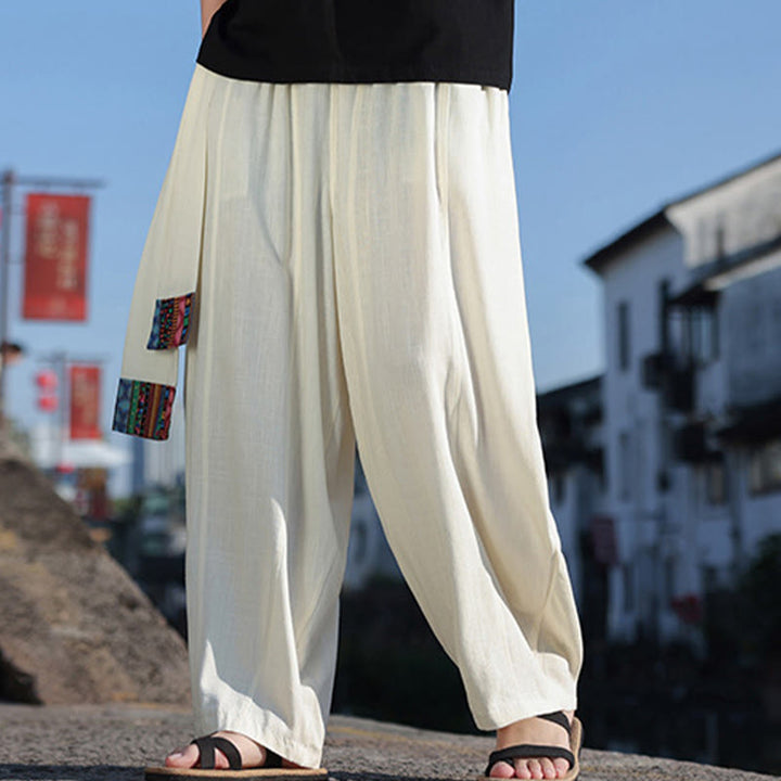 Buddha Stones Schlichtes Patchwork-Design, Kordelzug, weiche Baumwolle, Herrenhose mit weitem Bein und Taschen
