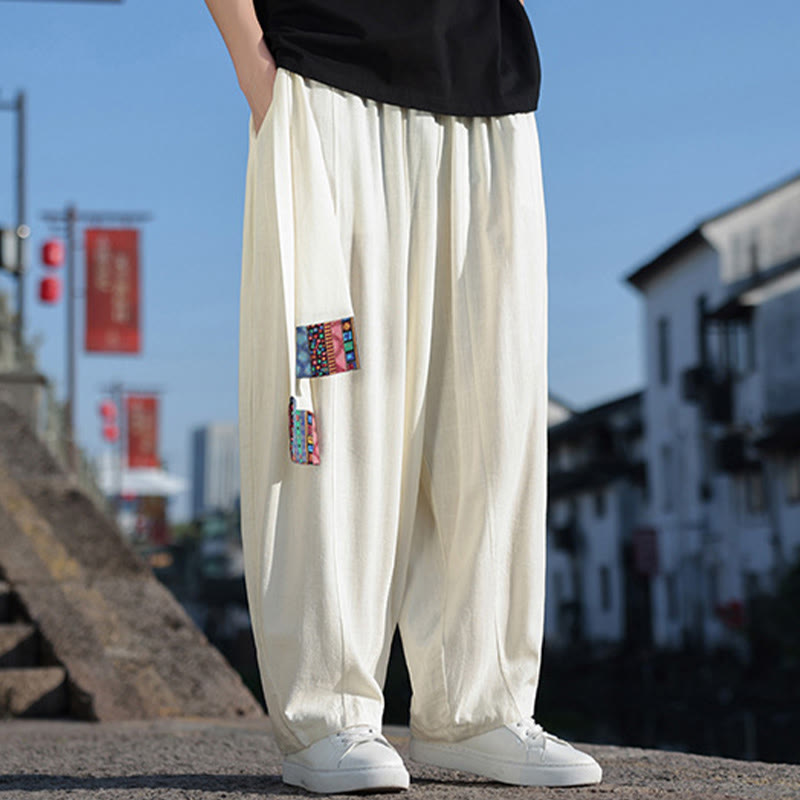 Buddha Stones Schlichtes Patchwork-Design, Kordelzug, weiche Baumwolle, Herrenhose mit weitem Bein und Taschen