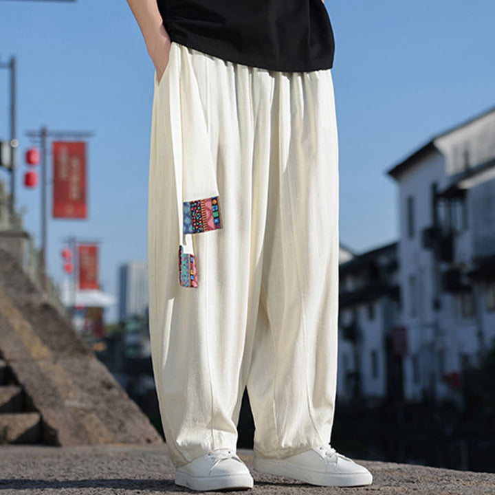 Buddha Stones Schlichtes Patchwork-Design, Kordelzug, weiche Baumwolle, Herrenhose mit weitem Bein und Taschen