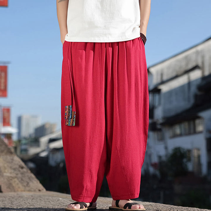 Buddha Stones Schlichtes Patchwork-Design, Kordelzug, weiche Baumwolle, Herrenhose mit weitem Bein und Taschen