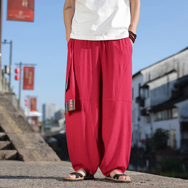 Buddha Stones Schlichtes Patchwork-Design, Kordelzug, weiche Baumwolle, Herrenhose mit weitem Bein und Taschen