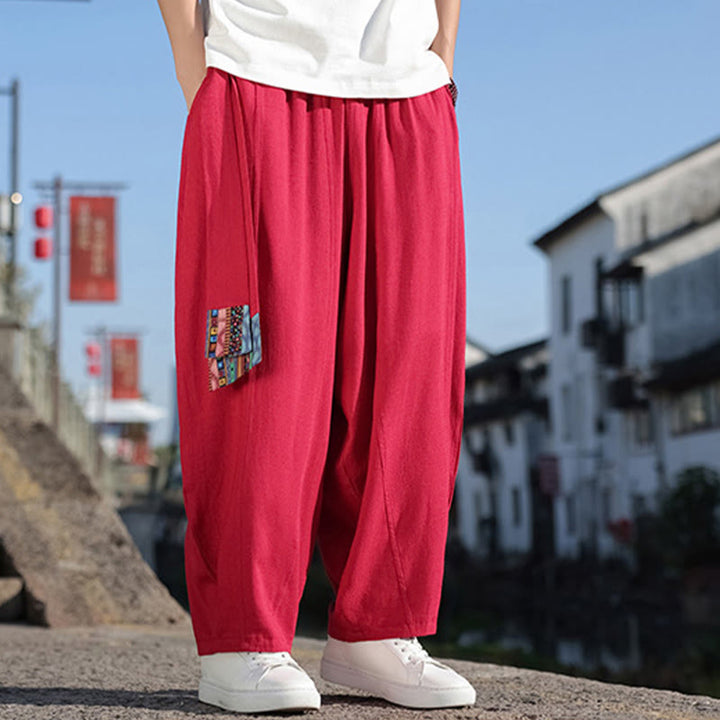 Buddha Stones Schlichtes Patchwork-Design, Kordelzug, weiche Baumwolle, Herrenhose mit weitem Bein und Taschen