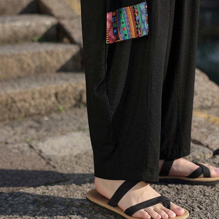 Buddha Stones Schlichtes Patchwork-Design, Kordelzug, weiche Baumwolle, Herrenhose mit weitem Bein und Taschen