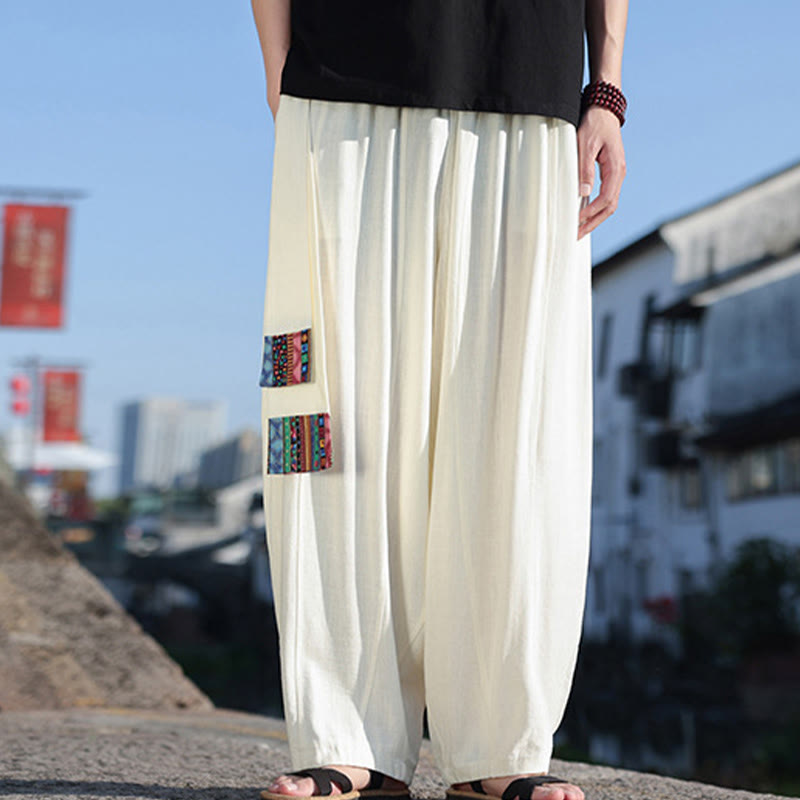 Buddha Stones Schlichtes Patchwork-Design, Kordelzug, weiche Baumwolle, Herrenhose mit weitem Bein und Taschen