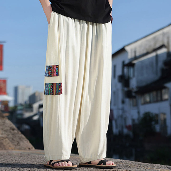 Buddha Stones Schlichtes Patchwork-Design, Kordelzug, weiche Baumwolle, Herrenhose mit weitem Bein und Taschen