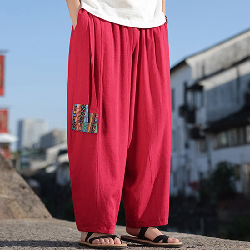 Buddha Stones Schlichtes Patchwork-Design, Kordelzug, weiche Baumwolle, Herrenhose mit weitem Bein und Taschen