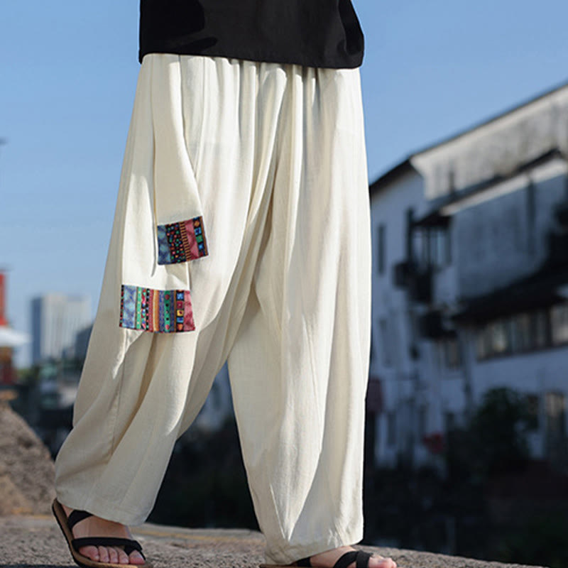 Buddha Stones Schlichtes Patchwork-Design, Kordelzug, weiche Baumwolle, Herrenhose mit weitem Bein und Taschen