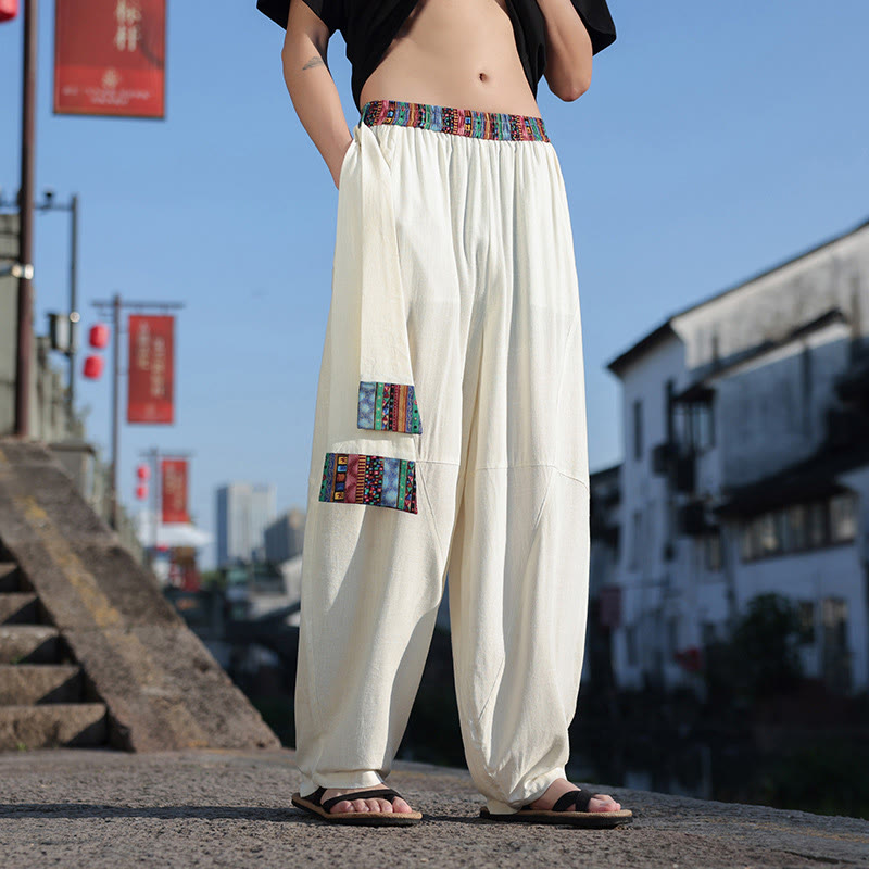 Buddha Stones Schlichtes Patchwork-Design, Kordelzug, weiche Baumwolle, Herrenhose mit weitem Bein und Taschen