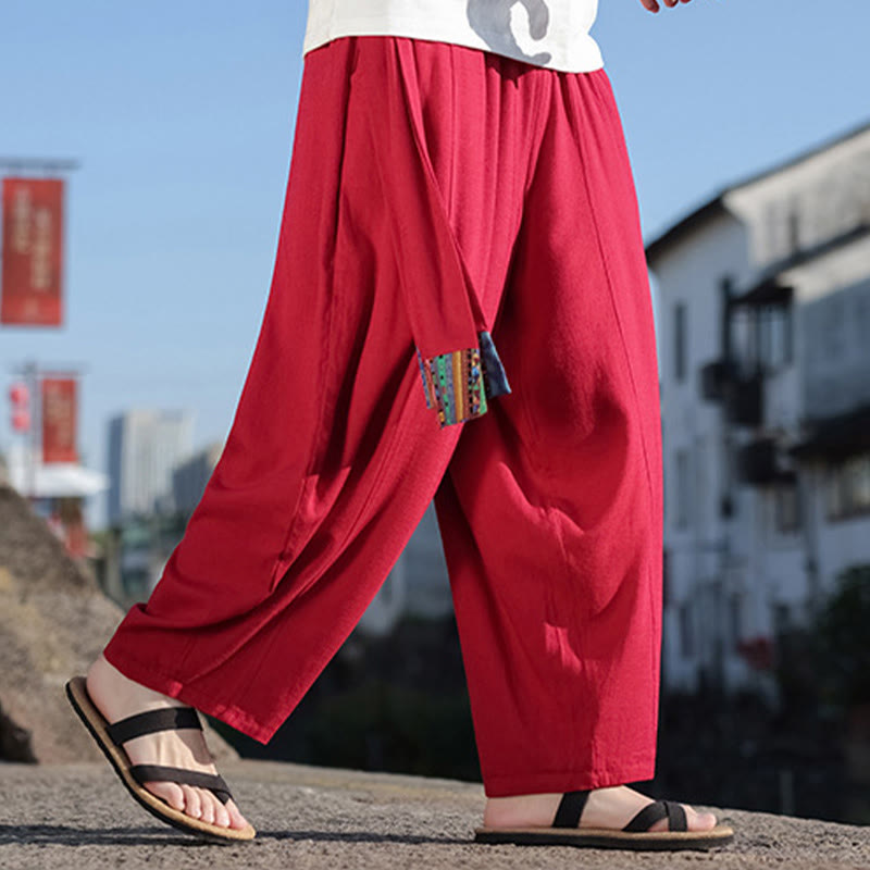 Buddha Stones Schlichtes Patchwork-Design, Kordelzug, weiche Baumwolle, Herrenhose mit weitem Bein und Taschen