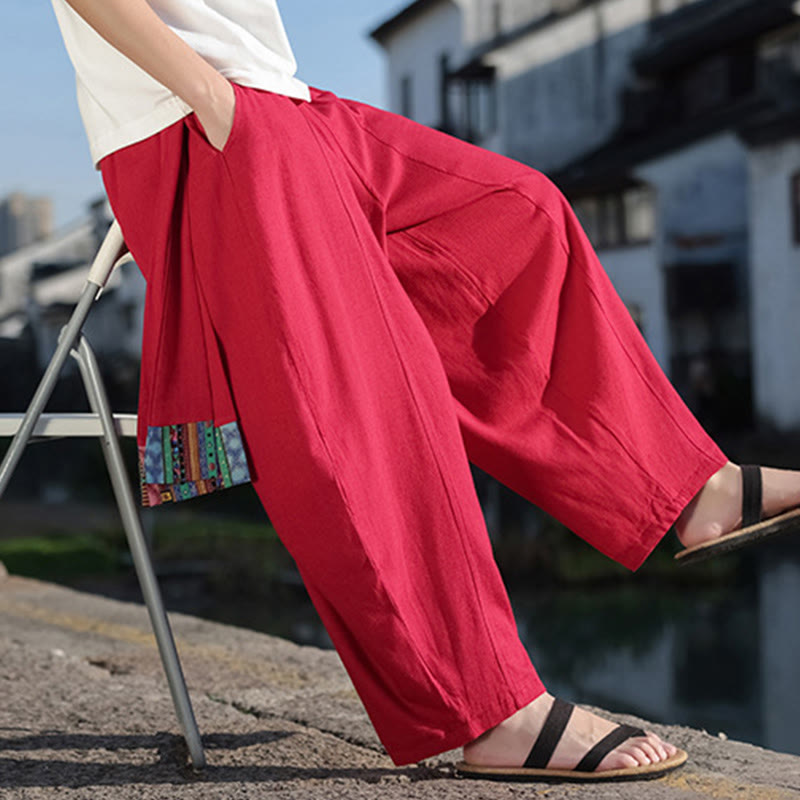 Buddha Stones Schlichtes Patchwork-Design, Kordelzug, weiche Baumwolle, Herrenhose mit weitem Bein und Taschen