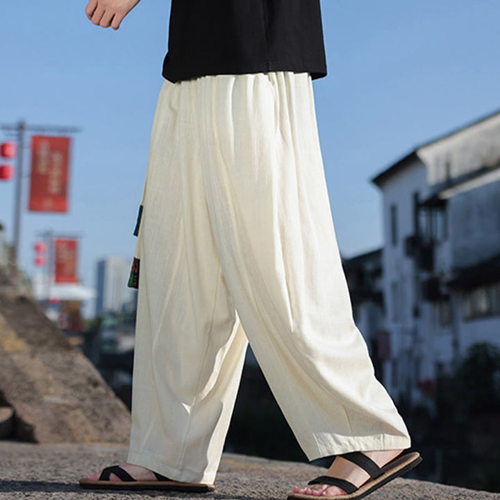 Buddha Stones Schlichtes Patchwork-Design, Kordelzug, weiche Baumwolle, Herrenhose mit weitem Bein und Taschen