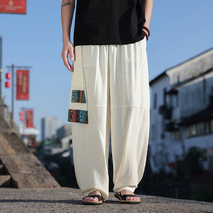 Buddha Stones Schlichtes Patchwork-Design, Kordelzug, weiche Baumwolle, Herrenhose mit weitem Bein und Taschen