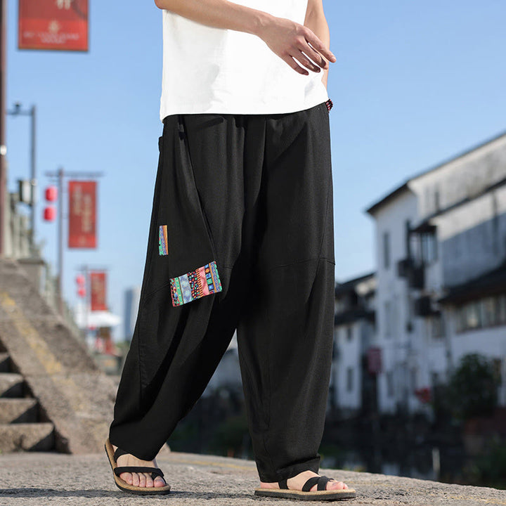 Buddha Stones Schlichtes Patchwork-Design, Kordelzug, weiche Baumwolle, Herrenhose mit weitem Bein und Taschen