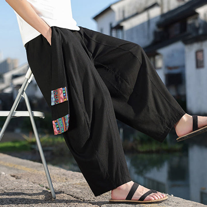Buddha Stones Schlichtes Patchwork-Design, Kordelzug, weiche Baumwolle, Herrenhose mit weitem Bein und Taschen
