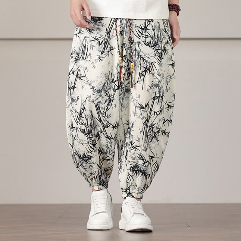 Buddha Stones Bambusblatt-Muster Kordelzug Herren Haremshose mit Taschen - Beige - US/ UK/AU46, EU56 (5XL) - image 0