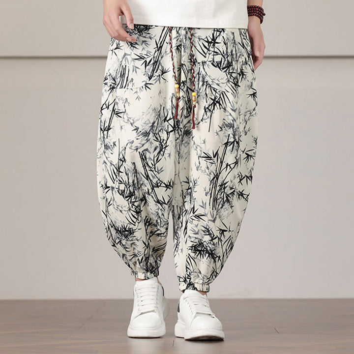 Buddha Stones Bambusblatt-Muster Kordelzug Herren Haremshose mit Taschen - Beige - US/ UK/AU46, EU56 (5XL) - image 0