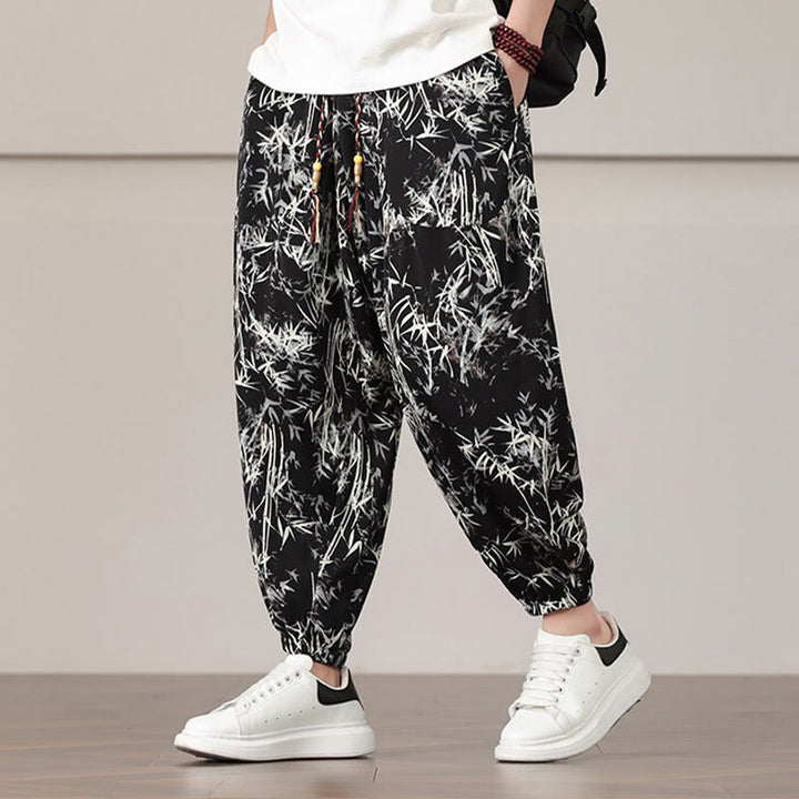 Buddha Stones Bambusblatt-Muster Kordelzug Herren Haremshose mit Taschen - image 11