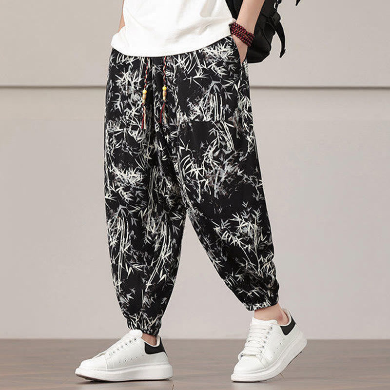 Buddha Stones Bambusblatt-Muster Kordelzug Herren Haremshose mit Taschen - image 15