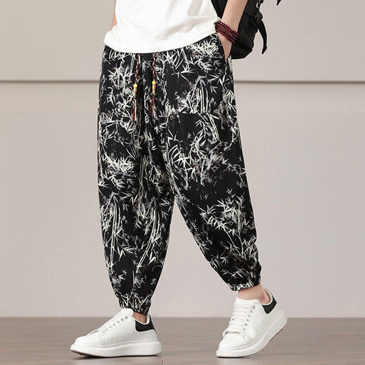 Buddha Stones Bambusblatt-Muster Kordelzug Herren Haremshose mit Taschen - image 15