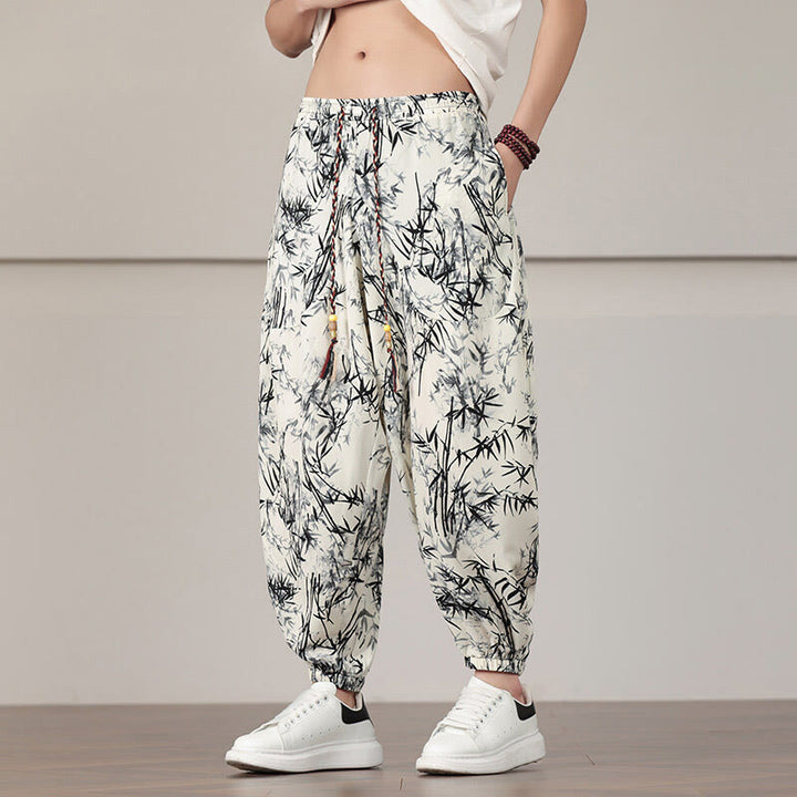 Buddha Stones Bambusblatt-Muster Kordelzug Herren Haremshose mit Taschen - image 8