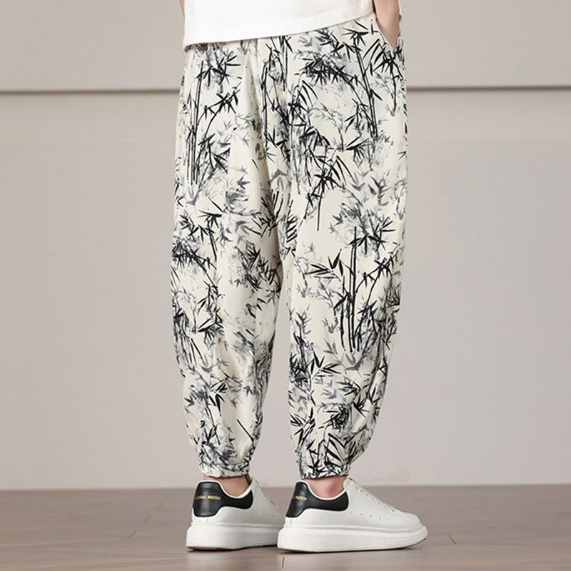 Buddha Stones Bambusblatt-Muster Kordelzug Herren Haremshose mit Taschen - image 5