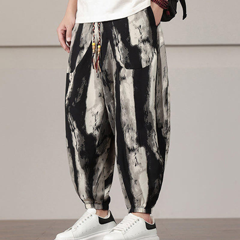 Buddha Stones Streifenmuster Kordelzug Herren Haremshose mit Taschen - image 5