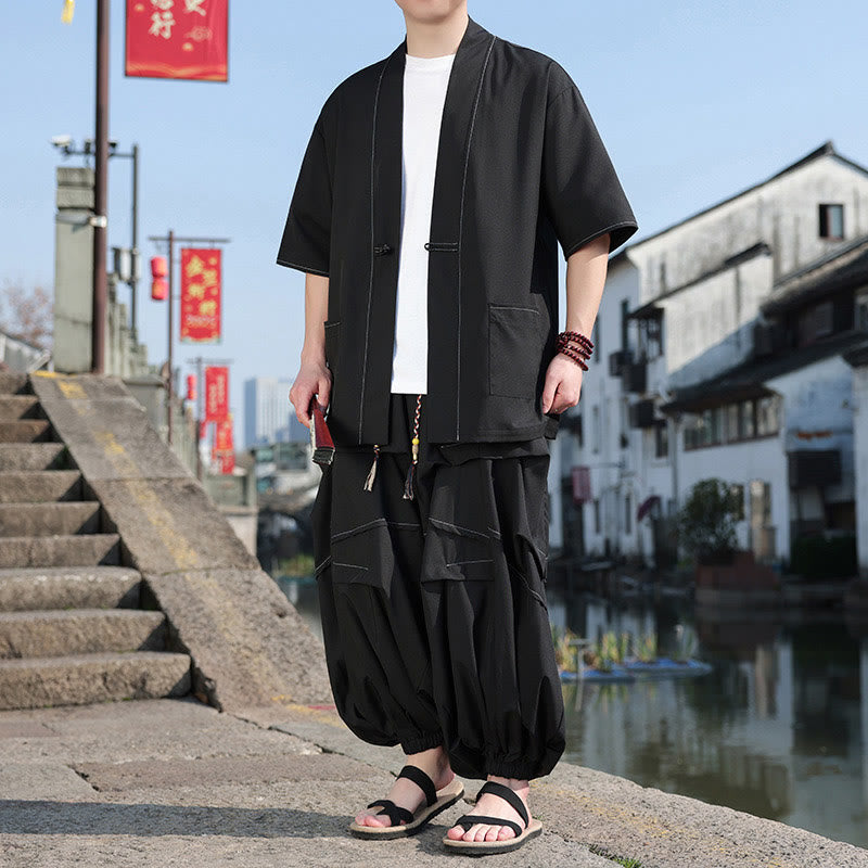 Buddha Stones 2-teiliges schwarzes Herren-Kimono aus Baumwolle mit Froschknöpfen, Kordelzug und weiten Hosenbeinen mit Taschen - image 3