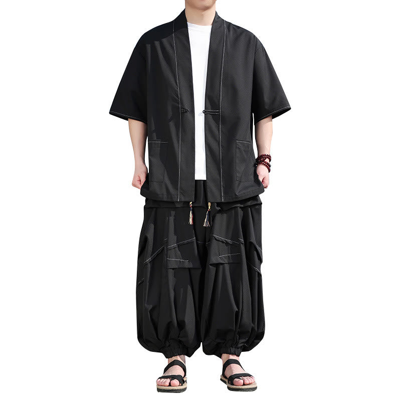 Buddha Stones 2-teiliges schwarzes Herren-Kimono aus Baumwolle mit Froschknöpfen, Kordelzug und weiten Hosenbeinen mit Taschen - image 5