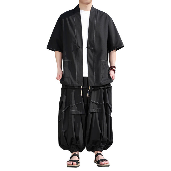 Buddha Stones 2-teiliges schwarzes Herren-Kimono aus Baumwolle mit Froschknöpfen, Kordelzug und weiten Hosenbeinen mit Taschen - image 5