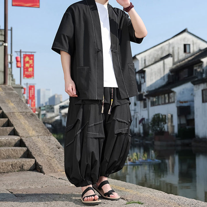 Buddha Stones 2-teiliges schwarzes Herren-Kimono aus Baumwolle mit Froschknöpfen, Kordelzug und weiten Hosenbeinen mit Taschen - image 2