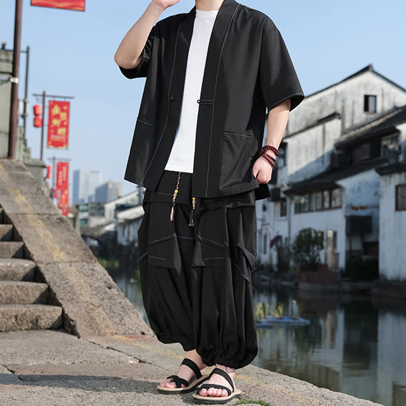 Buddha Stones 2-teiliges schwarzes Herren-Kimono aus Baumwolle mit Froschknöpfen, Kordelzug und weiten Hosenbeinen mit Taschen - image 1