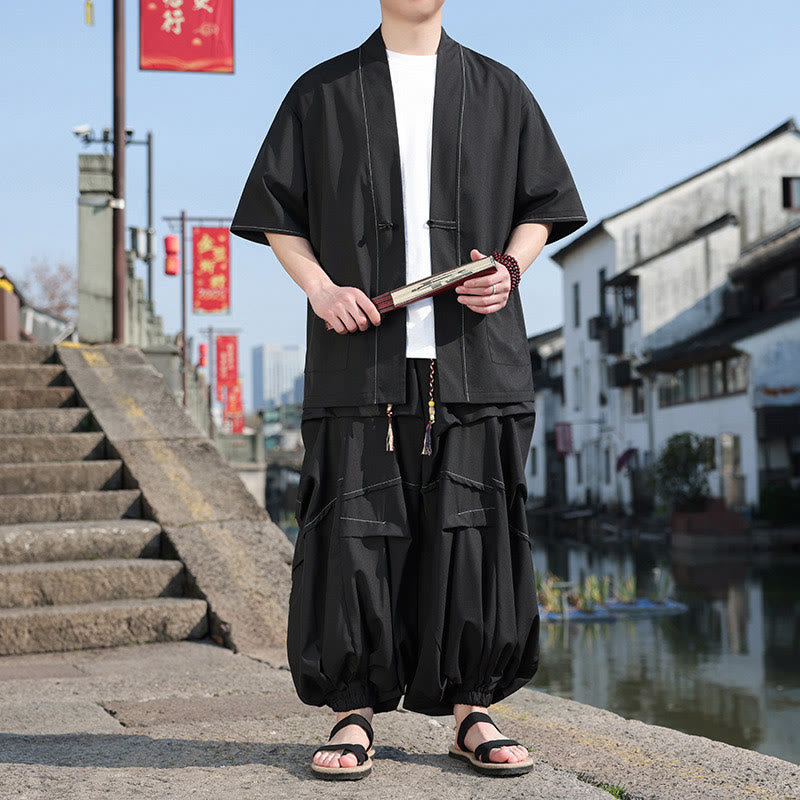 Buddha Stones 2-teiliges schwarzes Herren-Kimono aus Baumwolle mit Froschknöpfen, Kordelzug und weiten Hosenbeinen mit Taschen - image 4