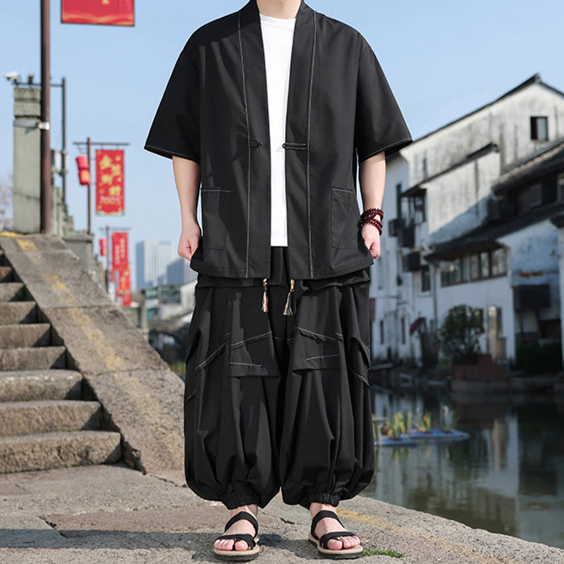 Buddha Stones 2-teiliges schwarzes Herren-Kimono aus Baumwolle mit Froschknöpfen, Kordelzug und weiten Hosenbeinen mit Taschen - Schwarz - US/ UK/AU46，EU56 (5XL) - image 0