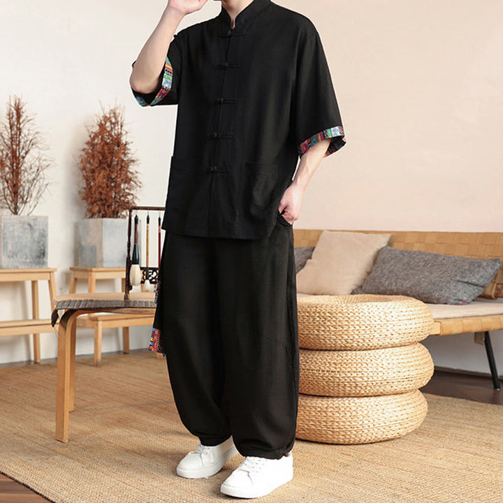 Buddha Stones 2-teiliges Patchwork-Hemd mit chinesischen Froschknöpfen, weite Hose, Meditationstuch-Set für Herren mit Taschen - image 15