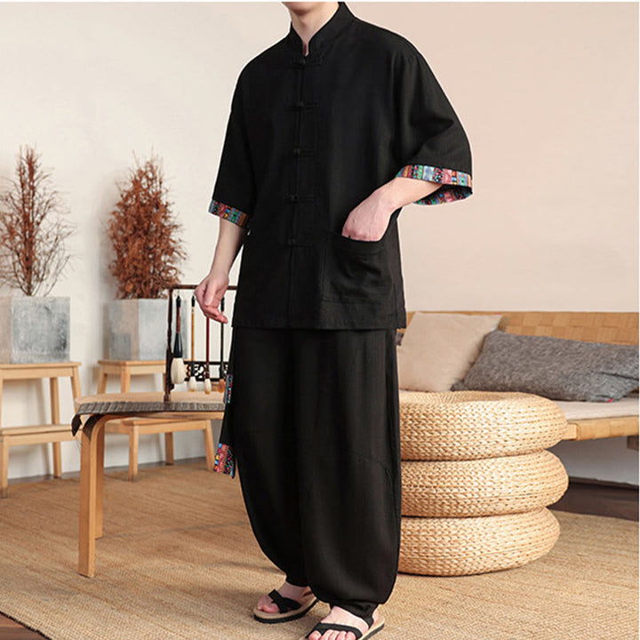 Buddha Stones 2-teiliges Patchwork-Hemd mit chinesischen Froschknöpfen, weite Hose, Meditationstuch-Set für Herren mit Taschen - image 10