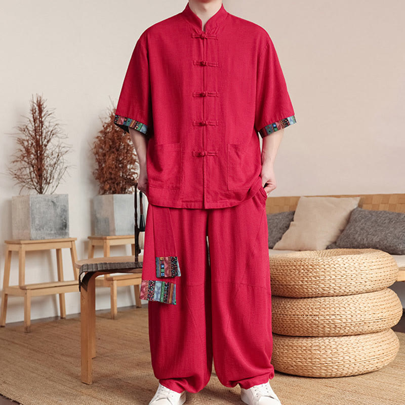 Buddha Stones 2-teiliges Patchwork-Hemd mit chinesischen Froschknöpfen, weite Hose, Meditationstuch-Set für Herren mit Taschen - image 24
