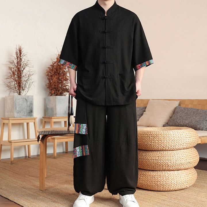 Buddha Stones 2-teiliges Patchwork-Hemd mit chinesischen Froschknöpfen, weite Hose, Meditationstuch-Set für Herren mit Taschen - image 14