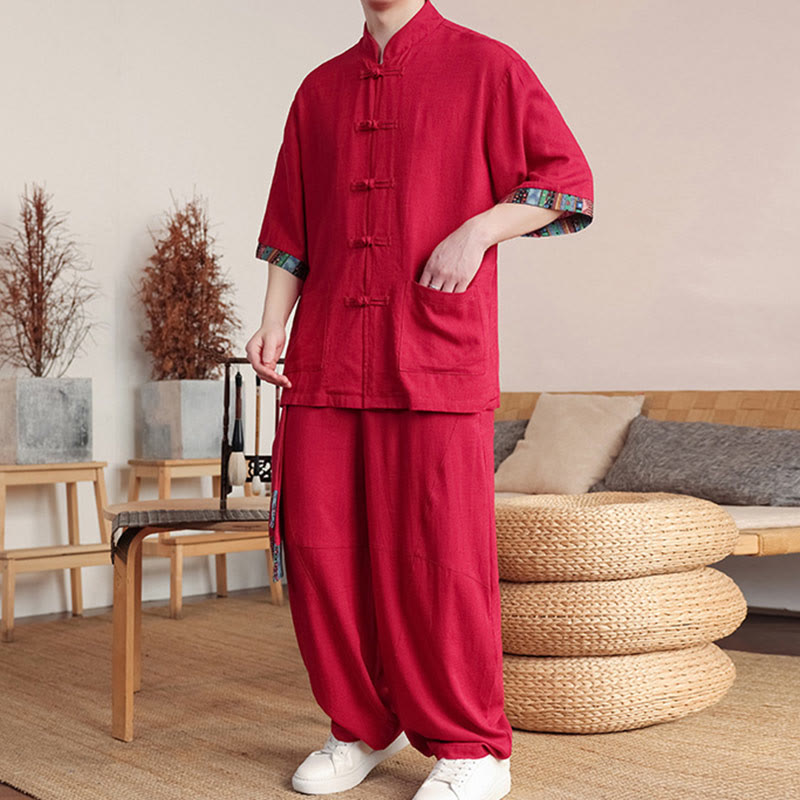 Buddha Stones 2-teiliges Patchwork-Hemd mit chinesischen Froschknöpfen, weite Hose, Meditationstuch-Set für Herren mit Taschen - image 20