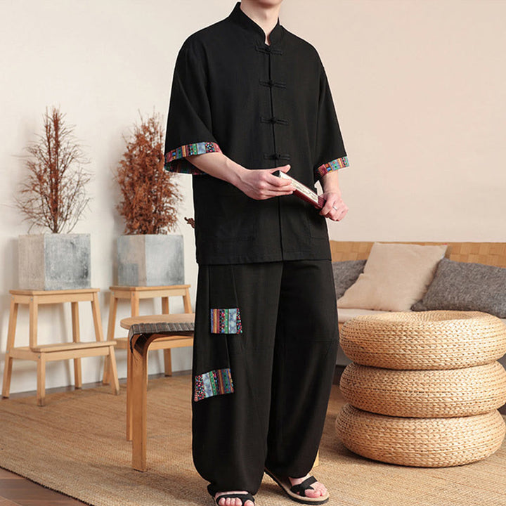 Buddha Stones 2-teiliges Patchwork-Hemd mit chinesischen Froschknöpfen, weite Hose, Meditationstuch-Set für Herren mit Taschen - image 13