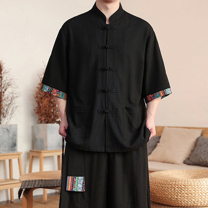 Buddha Stones 2-teiliges Patchwork-Hemd mit chinesischen Froschknöpfen, weite Hose, Meditationstuch-Set für Herren mit Taschen - image 17