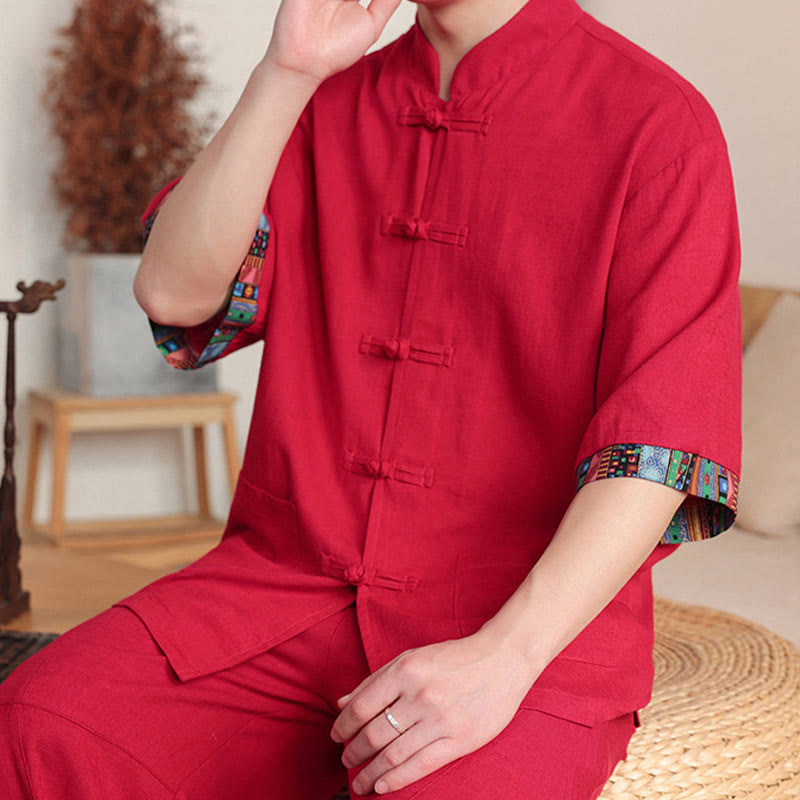 Buddha Stones 2-teiliges Patchwork-Hemd mit chinesischen Froschknöpfen, weite Hose, Meditationstuch-Set für Herren mit Taschen - image 27