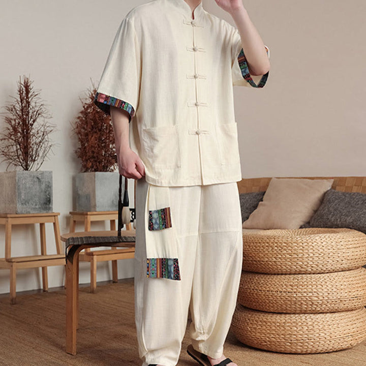 Buddha Stones 2-teiliges Patchwork-Hemd mit chinesischen Froschknöpfen, weite Hose, Meditationstuch-Set für Herren mit Taschen - image 2