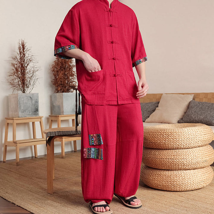 Buddha Stones 2-teiliges Patchwork-Hemd mit chinesischen Froschknöpfen, weite Hose, Meditationstuch-Set für Herren mit Taschen - image 22