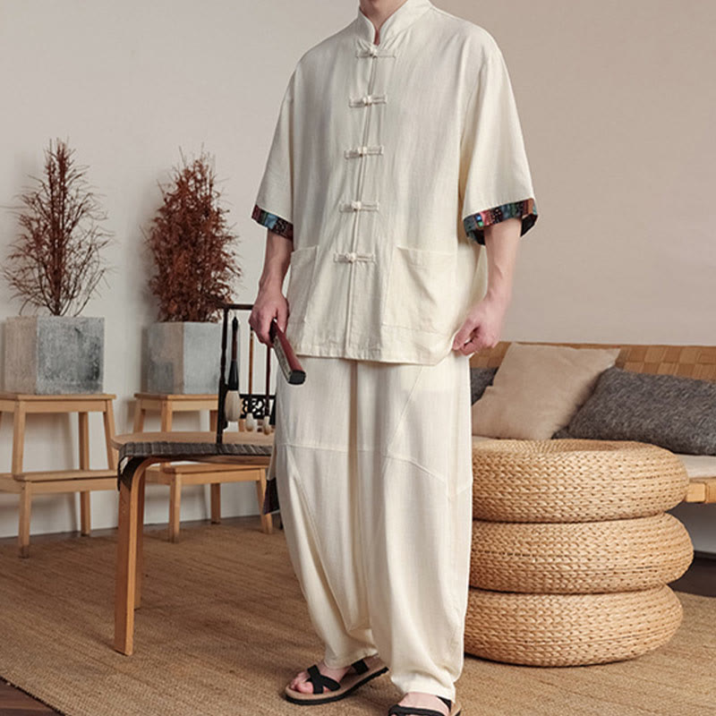 Buddha Stones 2-teiliges Patchwork-Hemd mit chinesischen Froschknöpfen, weite Hose, Meditationstuch-Set für Herren mit Taschen - image 1