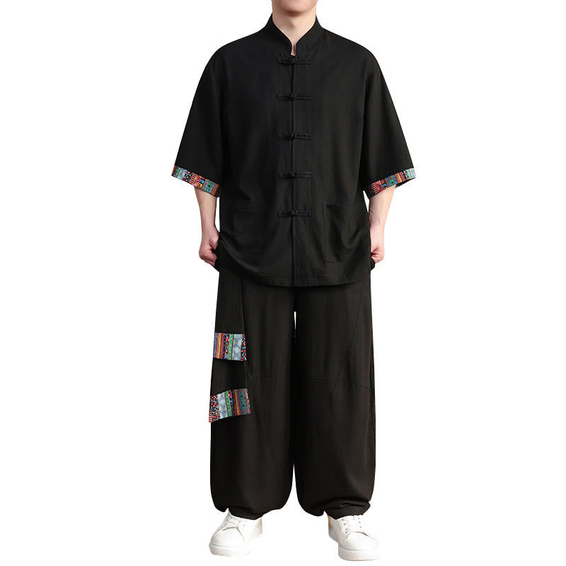 Buddha Stones 2-teiliges Patchwork-Hemd mit chinesischen Froschknöpfen, weite Hose, Meditationstuch-Set für Herren mit Taschen - image 18