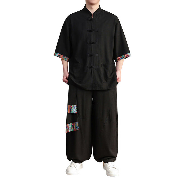 Buddha Stones 2-teiliges Patchwork-Hemd mit chinesischen Froschknöpfen, weite Hose, Meditationstuch-Set für Herren mit Taschen - image 18