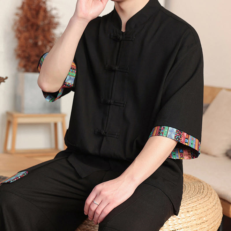 Buddha Stones 2-teiliges Patchwork-Hemd mit chinesischen Froschknöpfen, weite Hose, Meditationstuch-Set für Herren mit Taschen - image 16